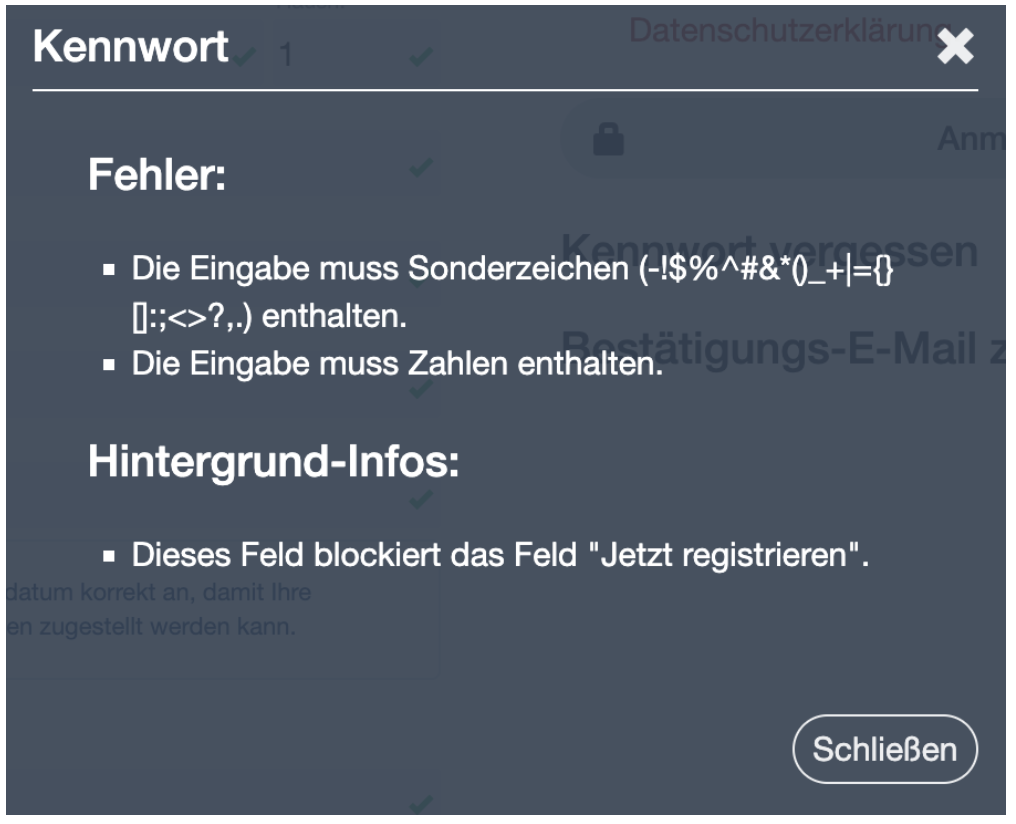 Kennworteingabe Fehlermeldung