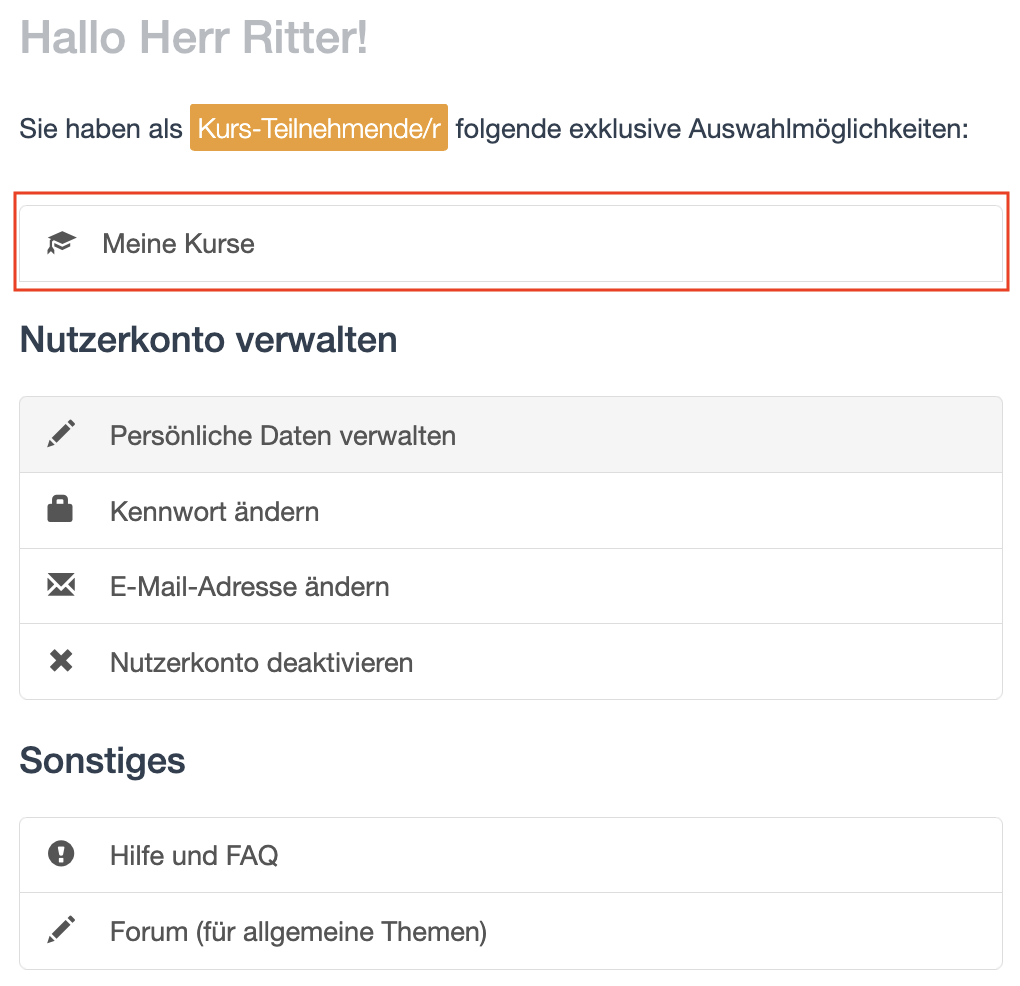 Hauptmenü - Meine Kurse