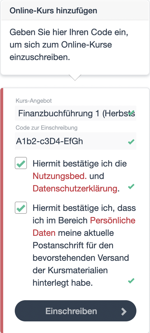 Eingabeformular Einschreibung
