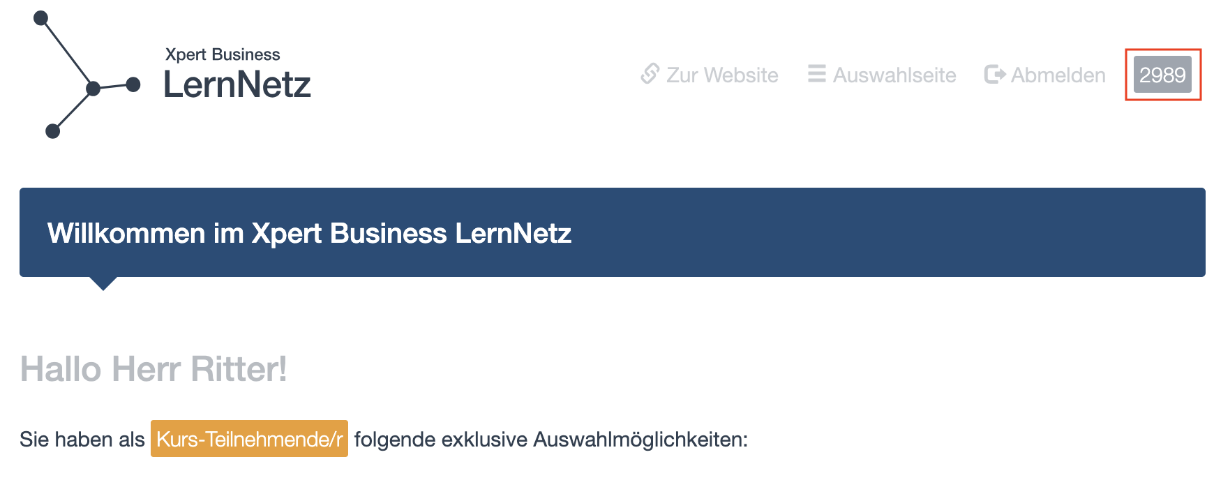 Ihre Teilnehmenden-Nummer im Kopfbereich der Kursplattform