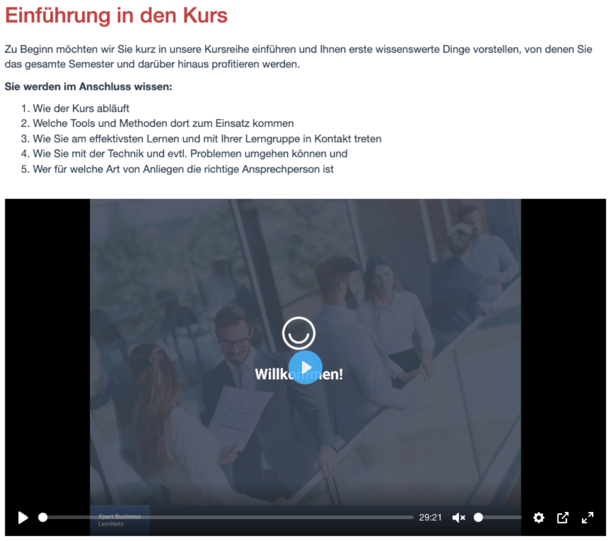 Vorkurs-Video im Kursprofil auf der Kursplattform