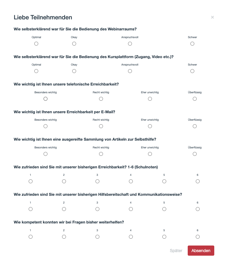 Umfrage zur Zufriedenheit mit dem Support-Team