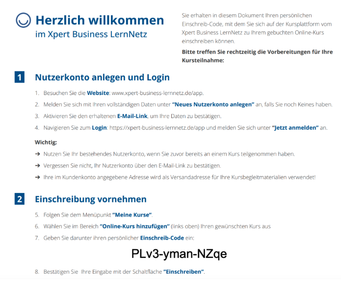 Einschreib-Code im Anleitungs-PDF (XBL-Fahrplan)