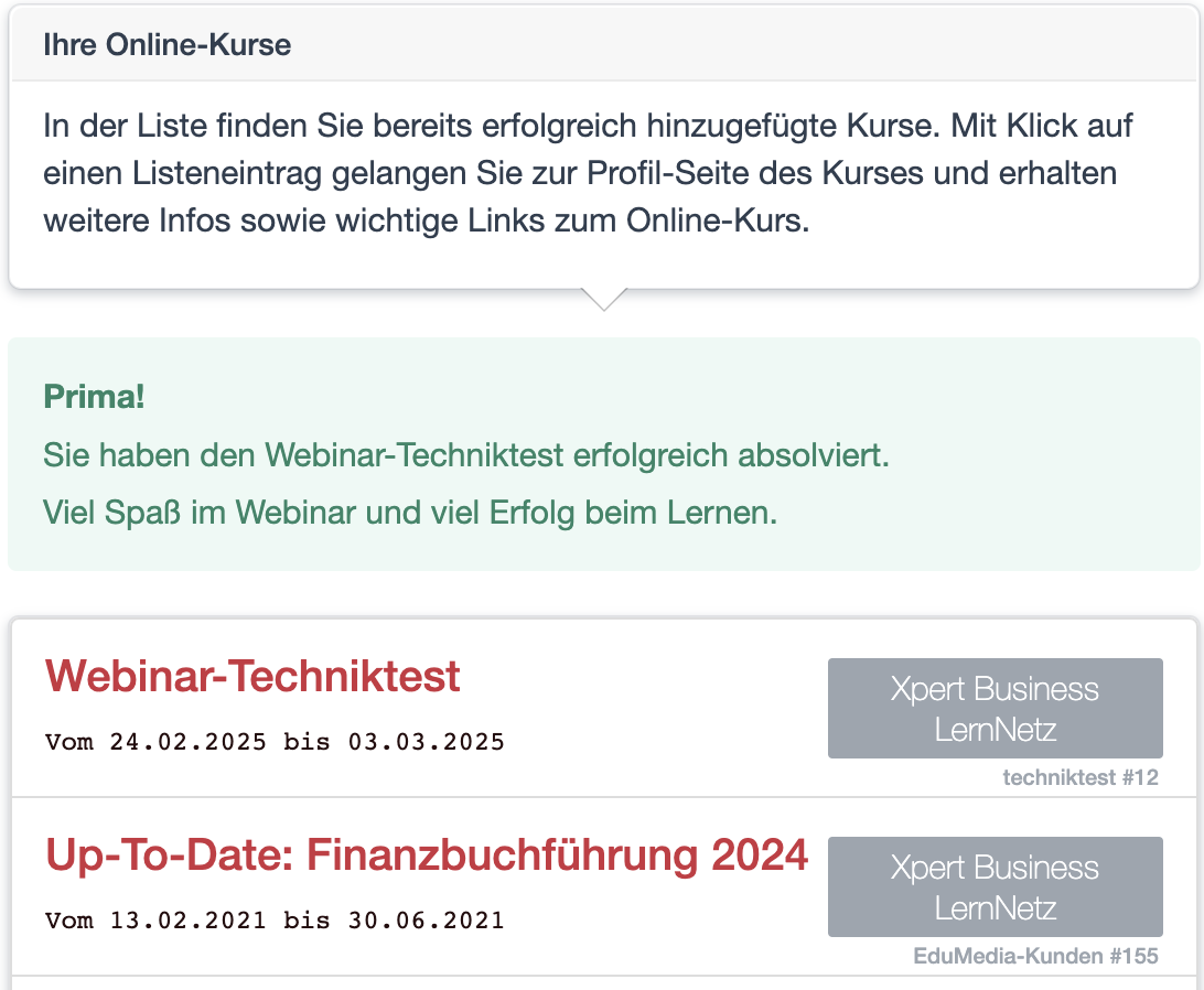 Übersicht der Onlinekurse