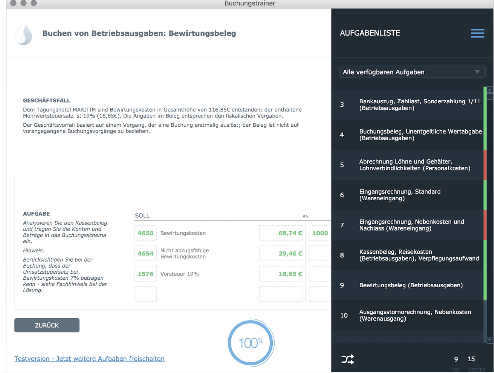 Buchungstrainer Aufgabenliste